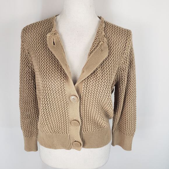 Pointelle Tan Button Up Open Mesh Knit Long Sleeve Crochet Neck Crop Cardigan XL - Picture 3 of 12